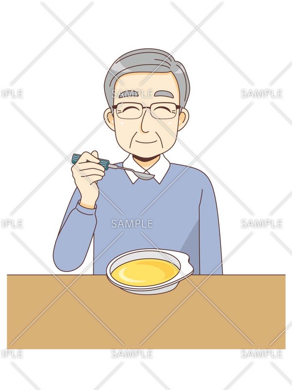 自助食器（お皿・スプーン）を使ってミキサー食を食べている男性高齢者のイラスト