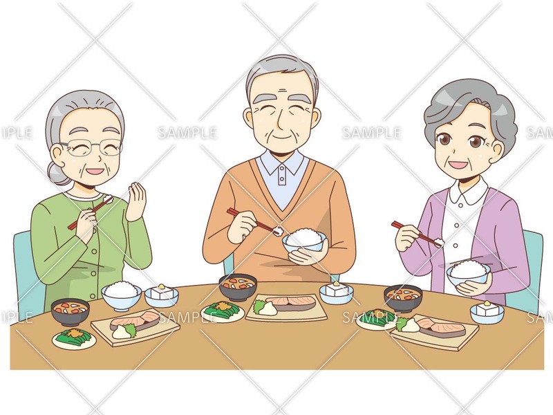 食事をする笑顔の高齢者のグループのイラスト