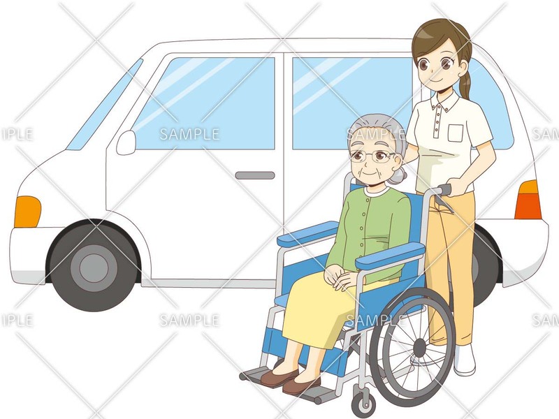 車椅子の高齢者を送迎するデイサービスの福祉車両のイラスト