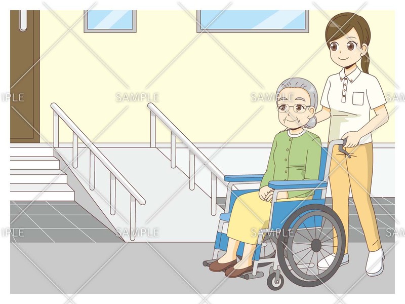 スロープのついた階段と車椅子の高齢者のイラスト