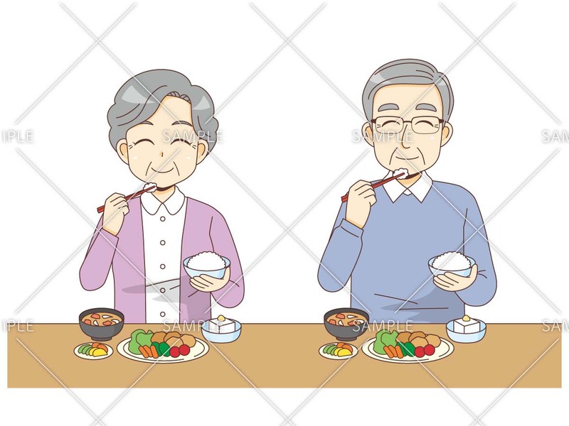 食事をする笑顔の高齢者のイラスト
