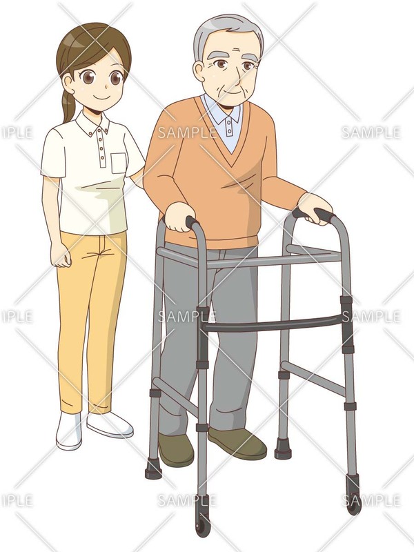 男性高齢者の歩行器歩行の介助を行う女性介護職のイラスト