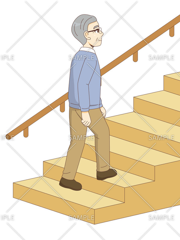 手すり付きの階段を上る男性高齢者のイラスト