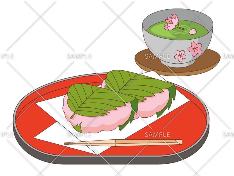 さくら餅とお茶（食べ物・飲み物/その他一般・装飾）のイラスト