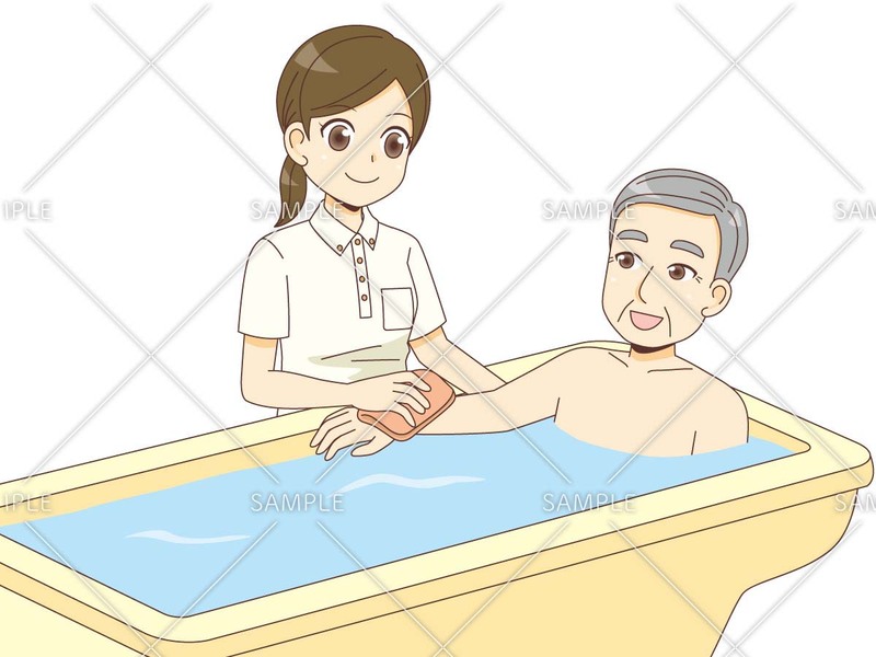 男性高齢者の入浴介助を行う介護職のイラスト