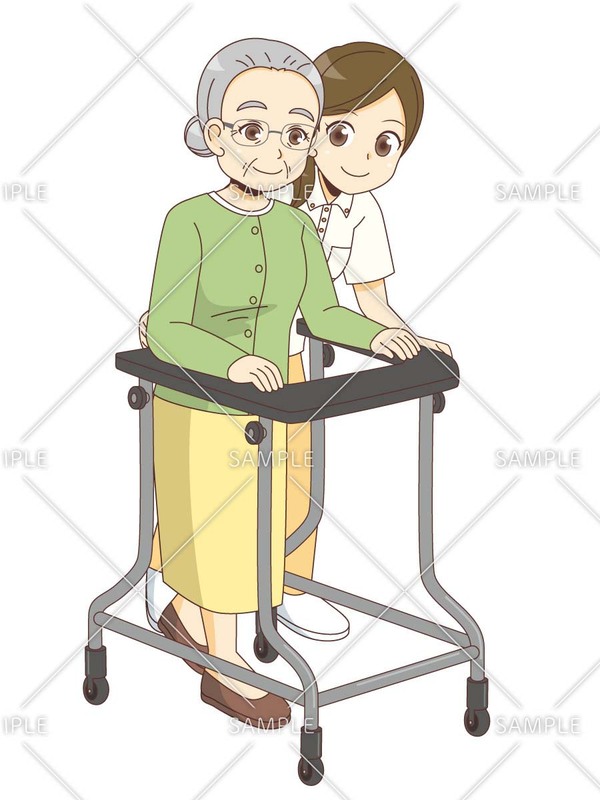 女性高齢者のタイヤつき歩行器歩行の介助を行う女性介護職のイラスト