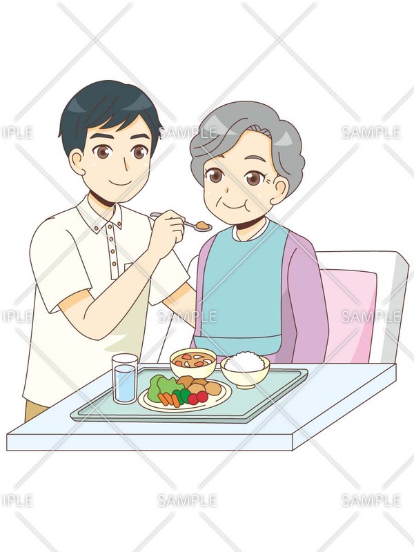 女性高齢者の食事介助を行う男性介護職のイラスト