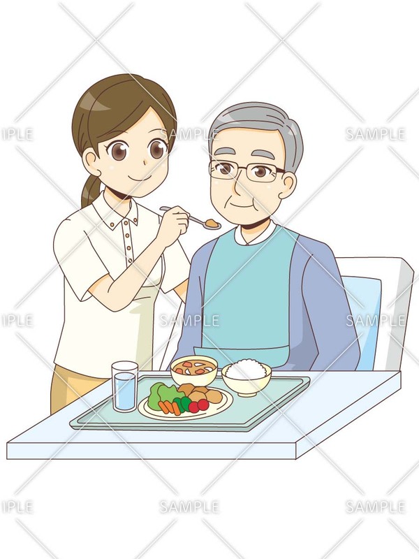 男性高齢者の食事介助を行う女性介護職のイラスト