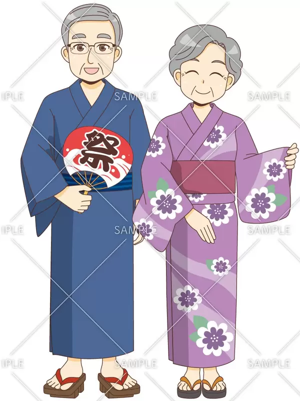 浴衣姿の女性高齢者と男性高齢者のイラスト
