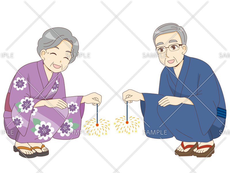 線香花火をしている女性高齢者と男性高齢者のイラスト