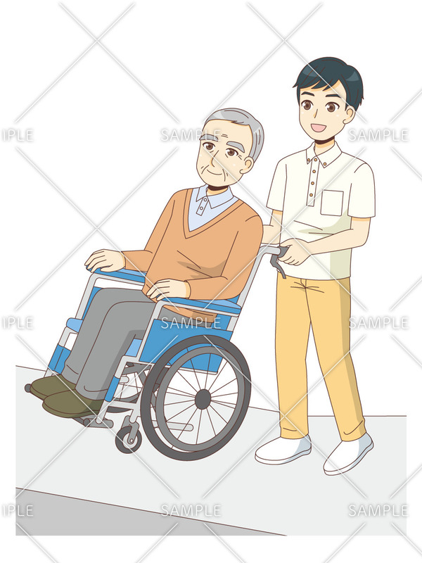 坂道で車椅子の高齢者を介助する介護職のイラスト
