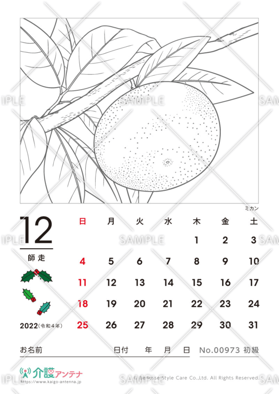2022年12月の塗り絵カレンダー「ミカン（植物）」 - No.00973