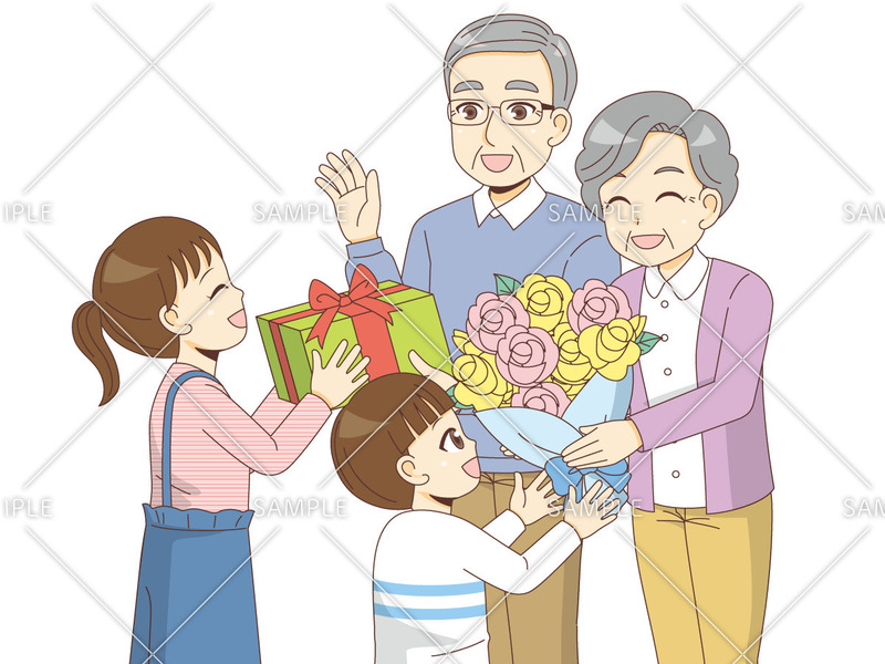 祖父と祖母にプレゼントを渡す男の子と女の子（季節・行事/その他一般・装飾）のイラスト