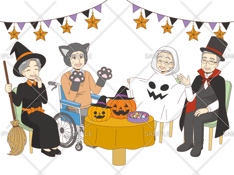 介護施設でハロウィンを楽しむ高齢者のイラスト