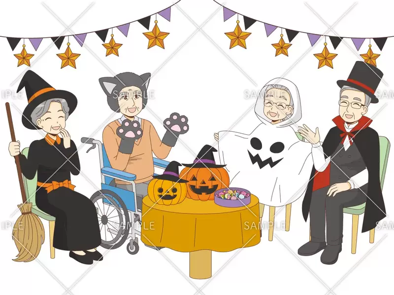 介護施設でハロウィンを楽しむ高齢者のイラスト