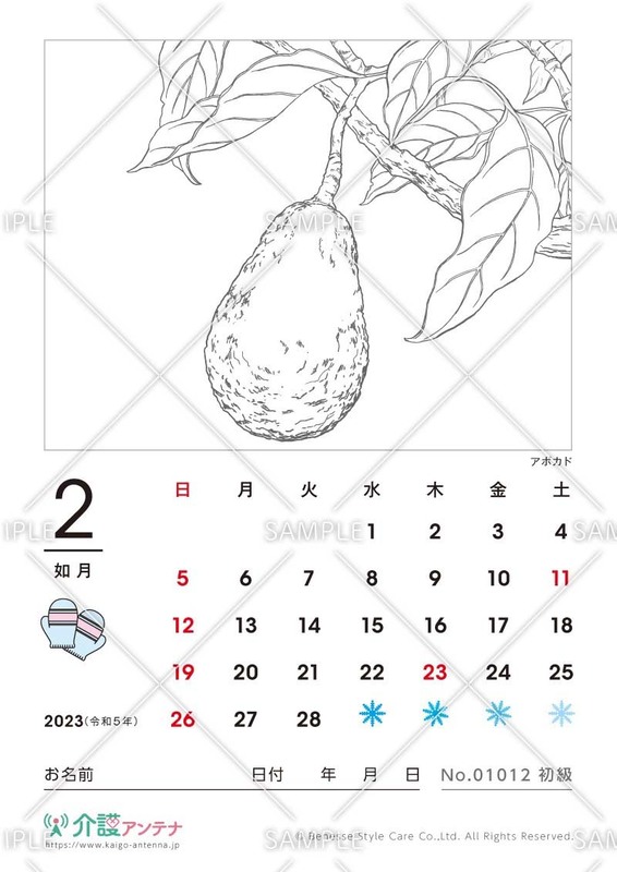 2023年2月の塗り絵カレンダー「アボカド（植物）」