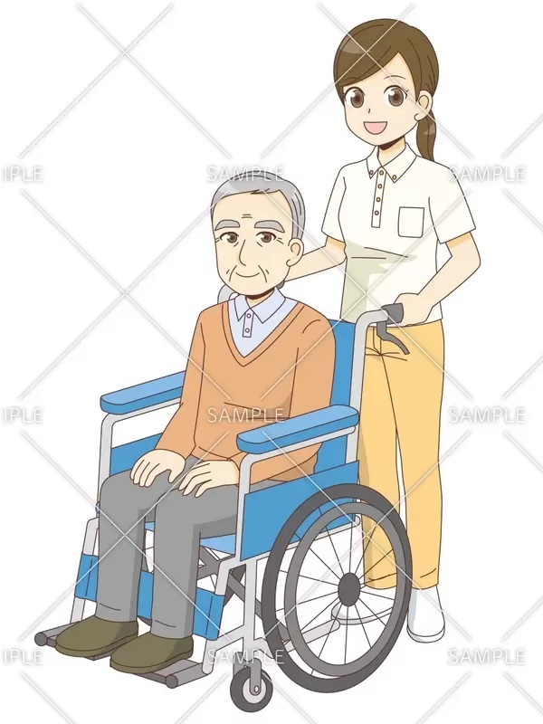 車椅子のおじいさんを介助する介護職のイラスト