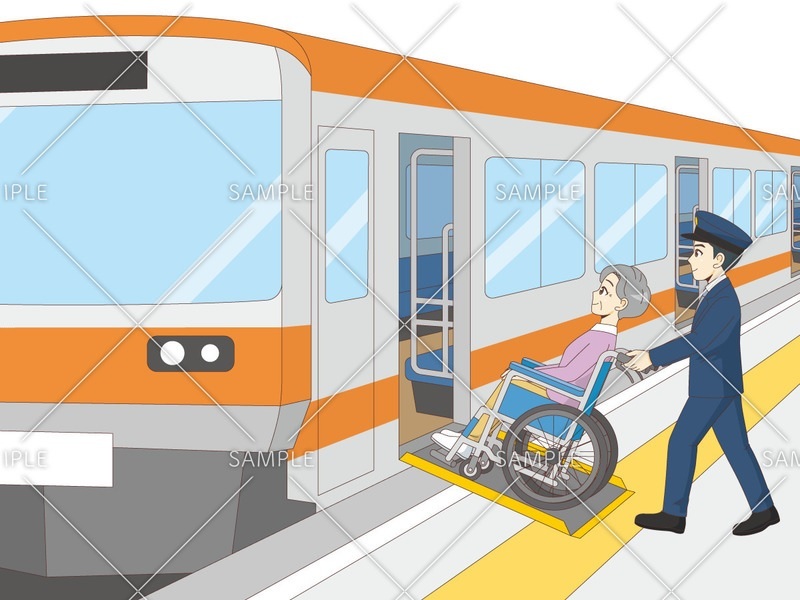 電車に乗る車椅子（車いす）の高齢者のイラスト