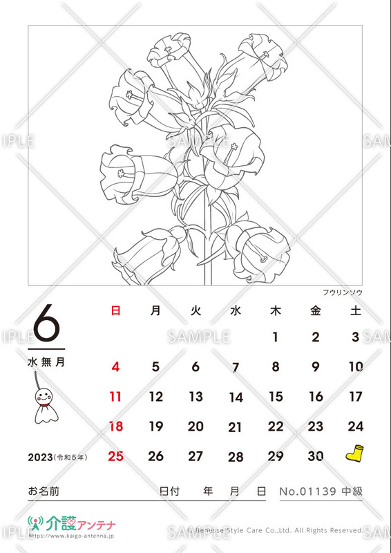 2023年6月の塗り絵カレンダー「フウリンソウ（花・植物）」 - No.01139