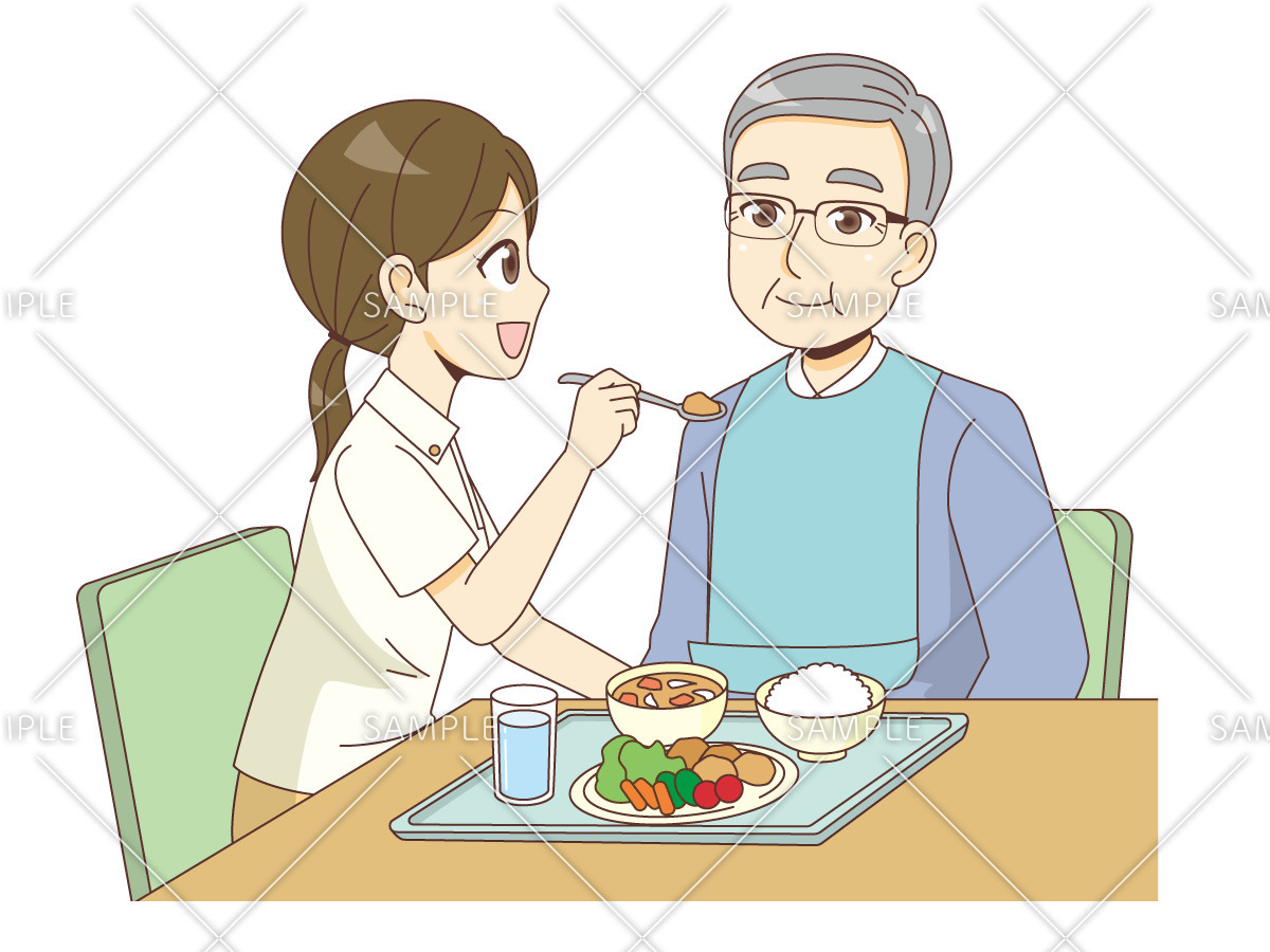 男性高齢者の食事介助を行う女性介護職員（食事・食事介助/介護・生活）のイラスト