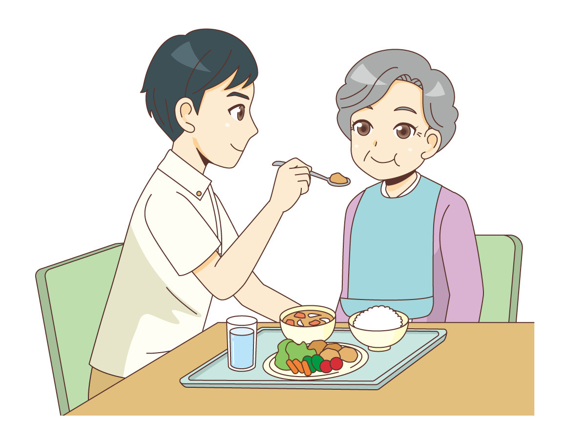 女性高齢者の食事介助を行う男性介護職員 食事 食事介助 介護 生活 の無料イラスト 介護アンテナ