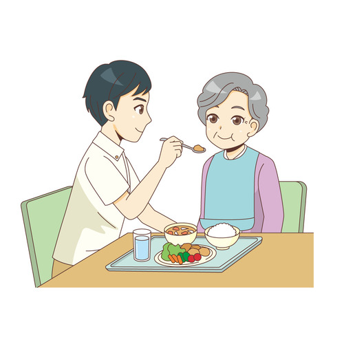 女性高齢者の食事介助を行う男性介護職員（食事・食事介助/介護・生活）のイラスト