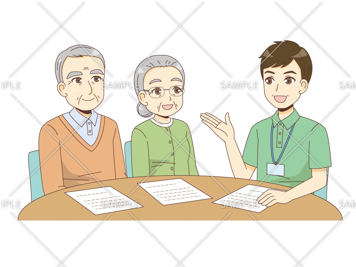 介護についての相談にのる男性ケアマネジャー（ケアマネジャー・社会福祉士/介護・生活）のイラスト