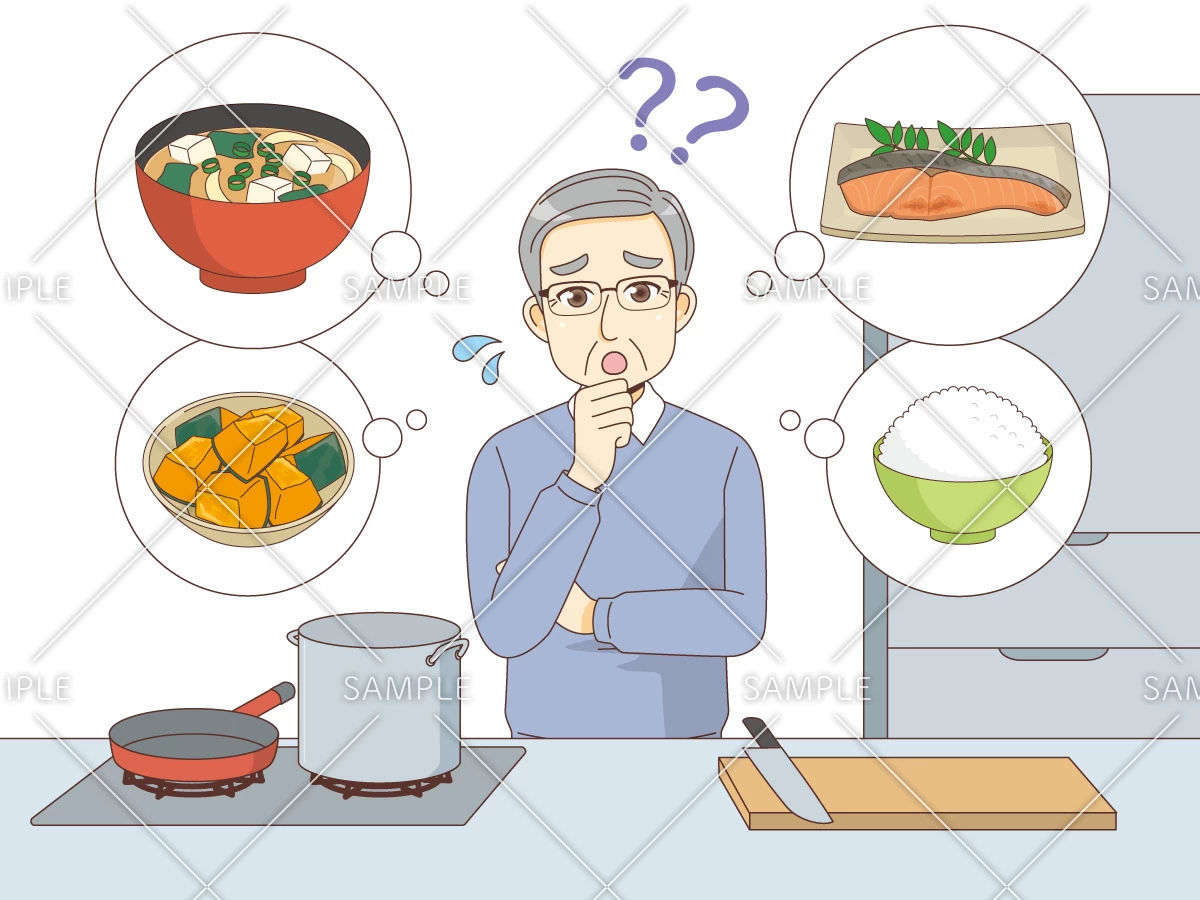 料理に不慣れな男性高齢者（高齢者（おばあさん・おじいさん）/介護現場の人物）のイラスト