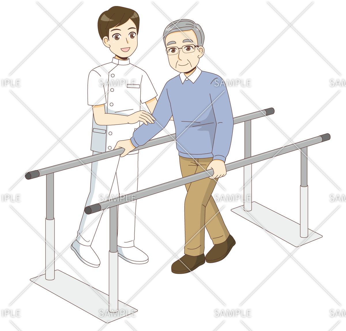 歩行のリハビリテーションを行う男性高齢者（リハビリ/介護・生活）のイラスト