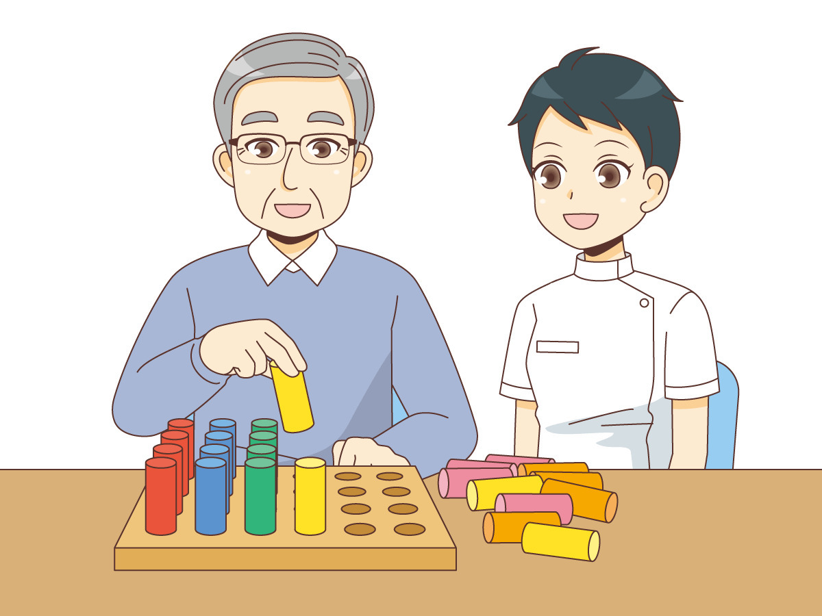 ペグを使ってリハビリテーションを行う男性高齢者 リハビリ 介護 生活 の無料イラスト 介護アンテナ