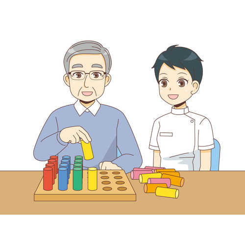 ペグを使ってリハビリテーションを行う男性高齢者（リハビリ/介護・生活）のイラスト