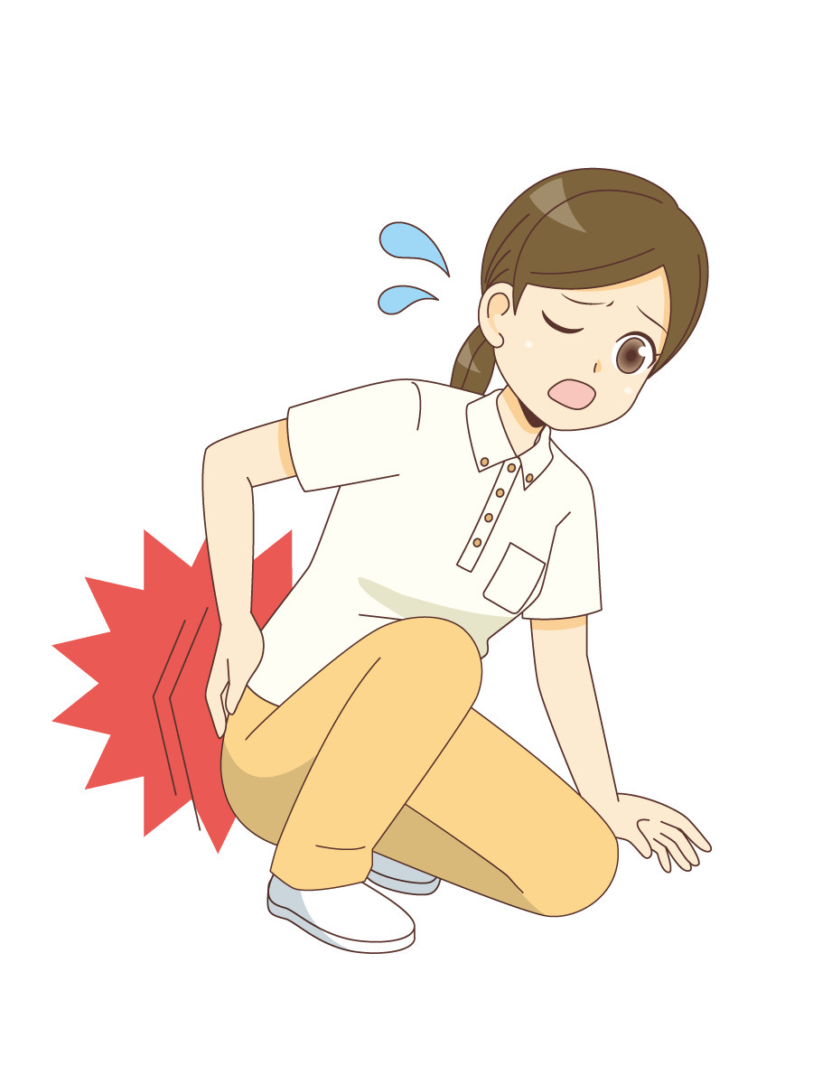 ぎっくり腰の女性介護職員 介護士 ヘルパー 介護現場の人物 の無料イラスト 介護アンテナ