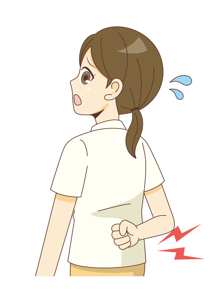 腰痛持ちの女性介護職員 介護士 ヘルパー 介護現場の人物 の無料イラスト 介護アンテナ