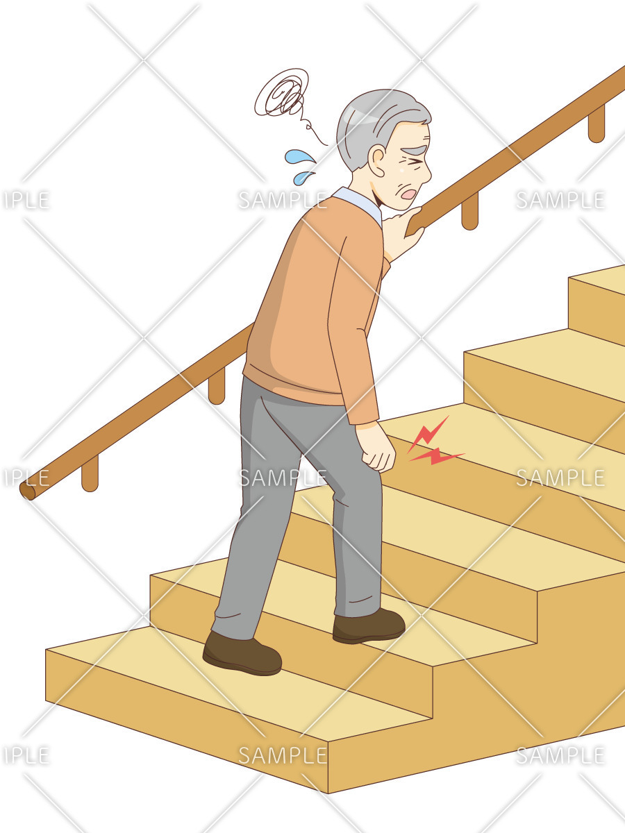 階段をのぼるのに苦労している男性高齢者（高齢者（おばあさん・おじいさん）/介護現場の人物）のイラスト