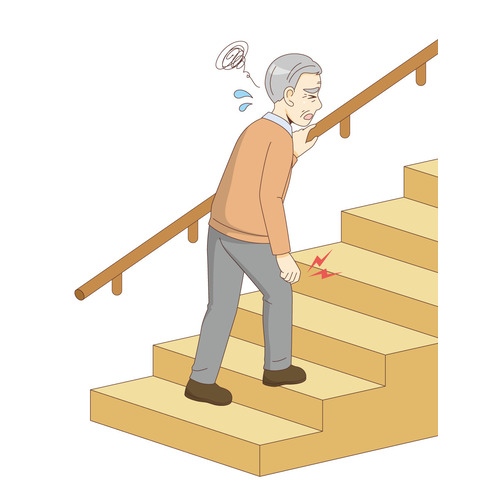 階段をのぼるのに苦労している男性高齢者（高齢者（おばあさん・おじいさん）/介護現場の人物）のイラスト
