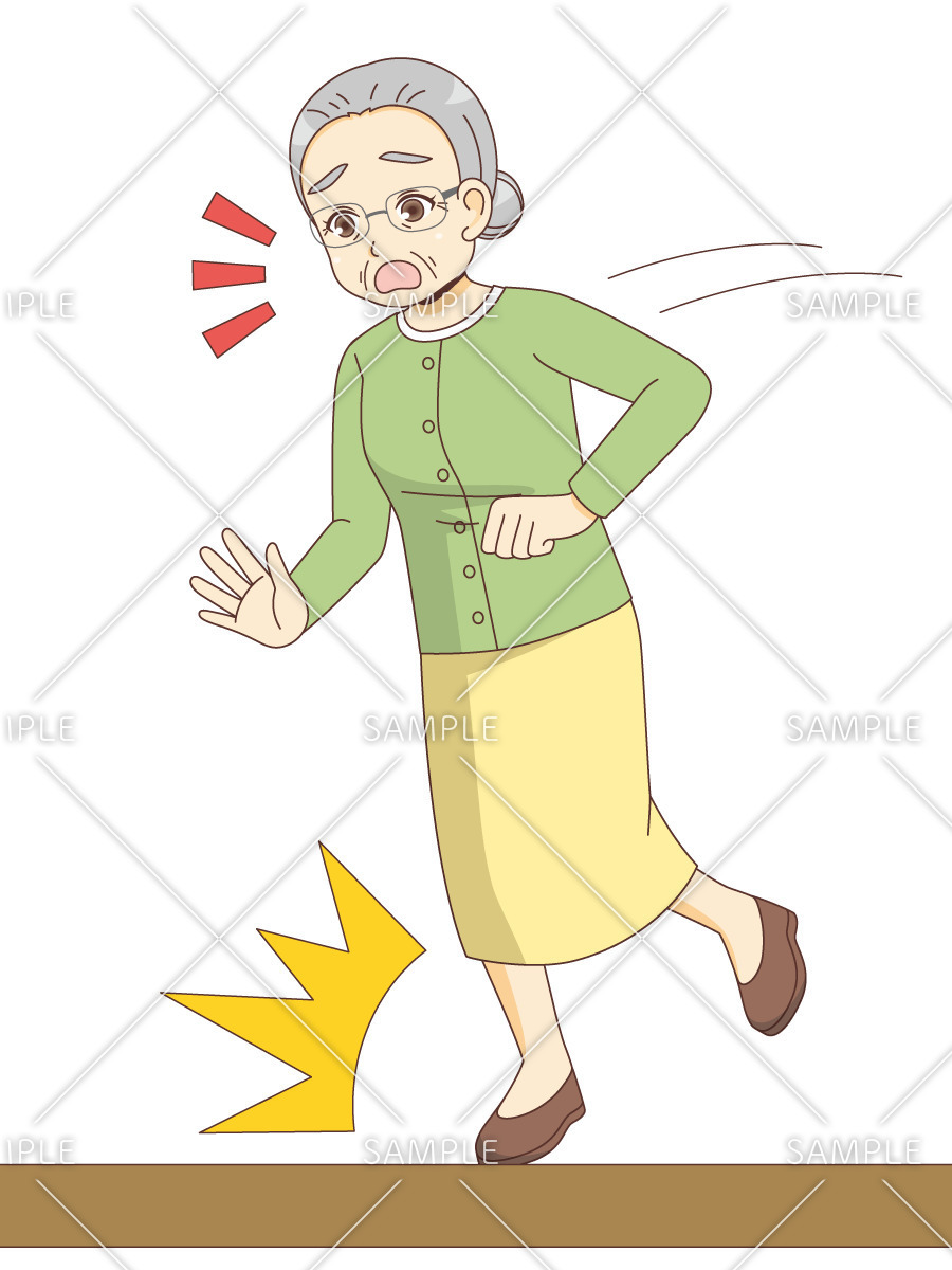 つまずいて転倒する女性高齢者（その他高齢者の病気・怪我・事故/医療・病気）のイラスト