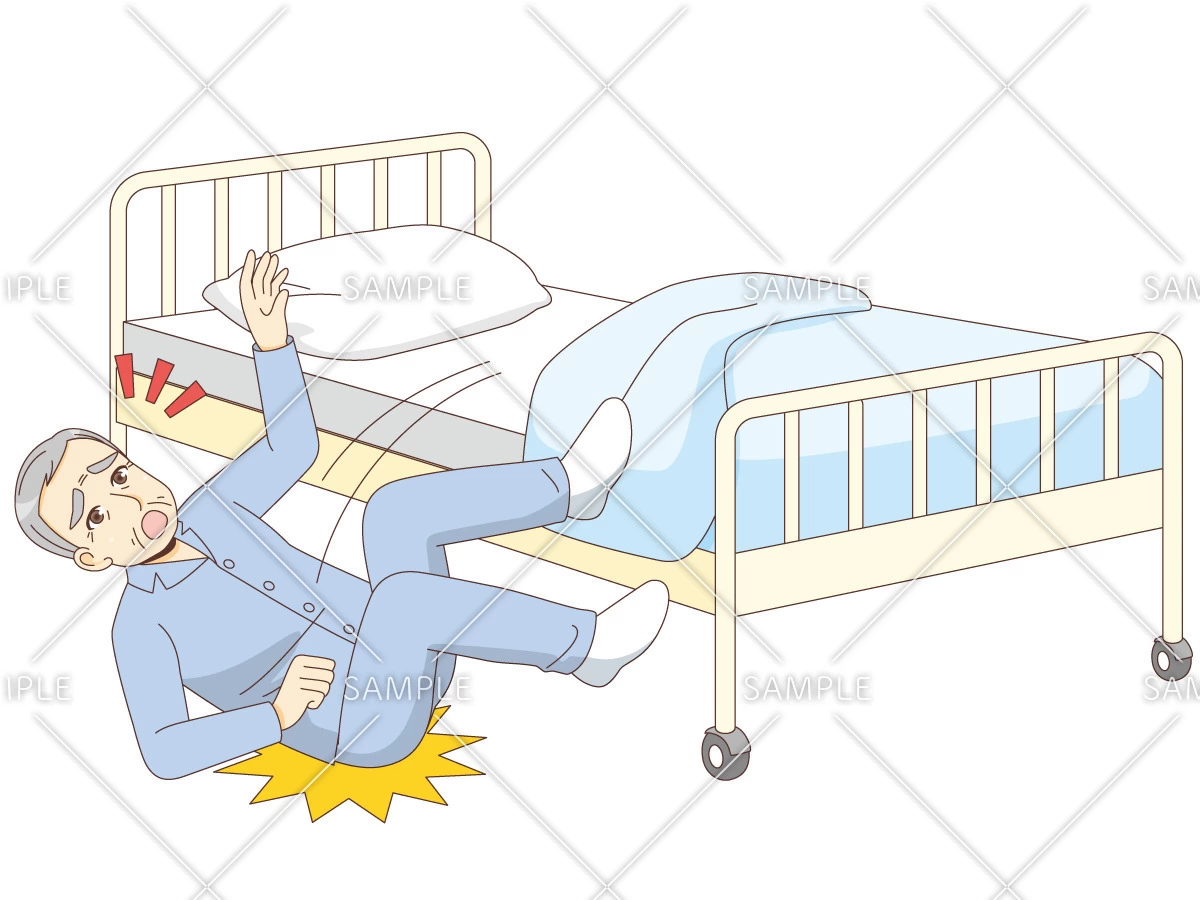 ベッドから落下する男性高齢者（その他高齢者の病気・怪我・事故/医療・病気）のイラスト
