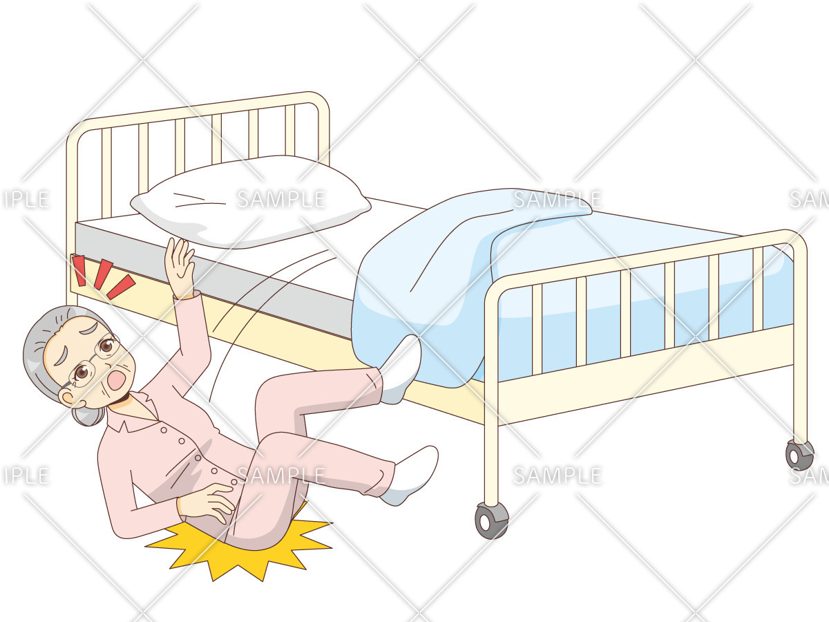 ベッドから落下する女性高齢者（その他高齢者の病気・怪我・事故/医療・病気）のイラスト