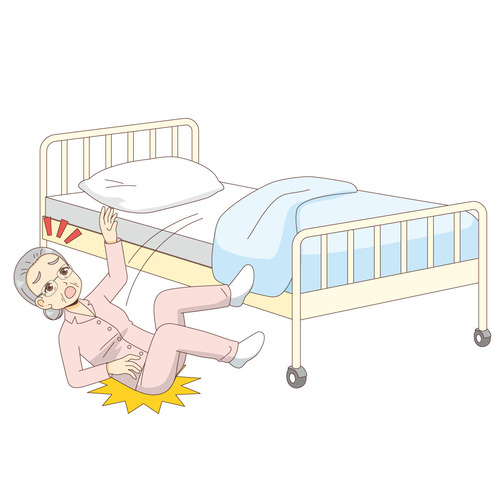 ベッドから落下する女性高齢者（その他高齢者の病気・怪我・事故/医療・病気）のイラスト