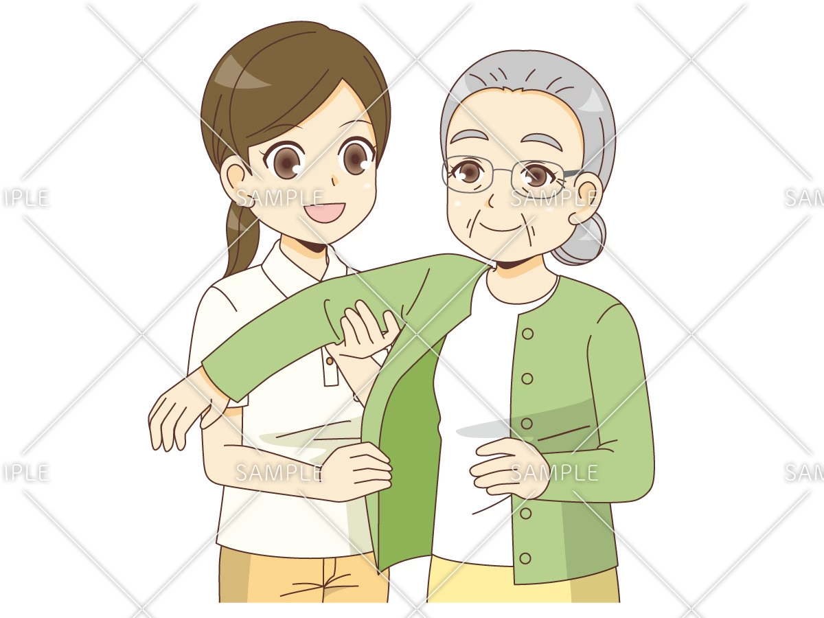 更衣介助をする女性介護職員（歩行介助・入浴介助・おむつ交換/介護・生活）のイラスト