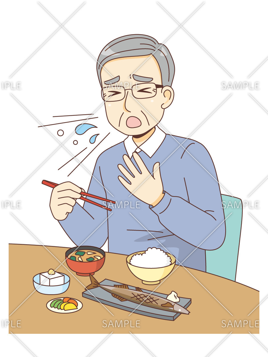 和食でむせる男性高齢者（その他高齢者の病気・怪我・事故/医療・病気）のイラスト