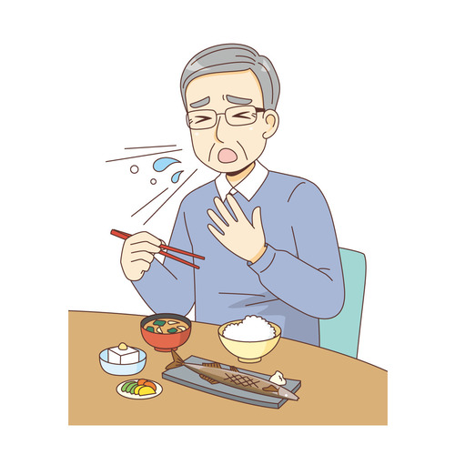 和食でむせる男性高齢者（その他高齢者の病気・怪我・事故/医療・病気）のイラスト