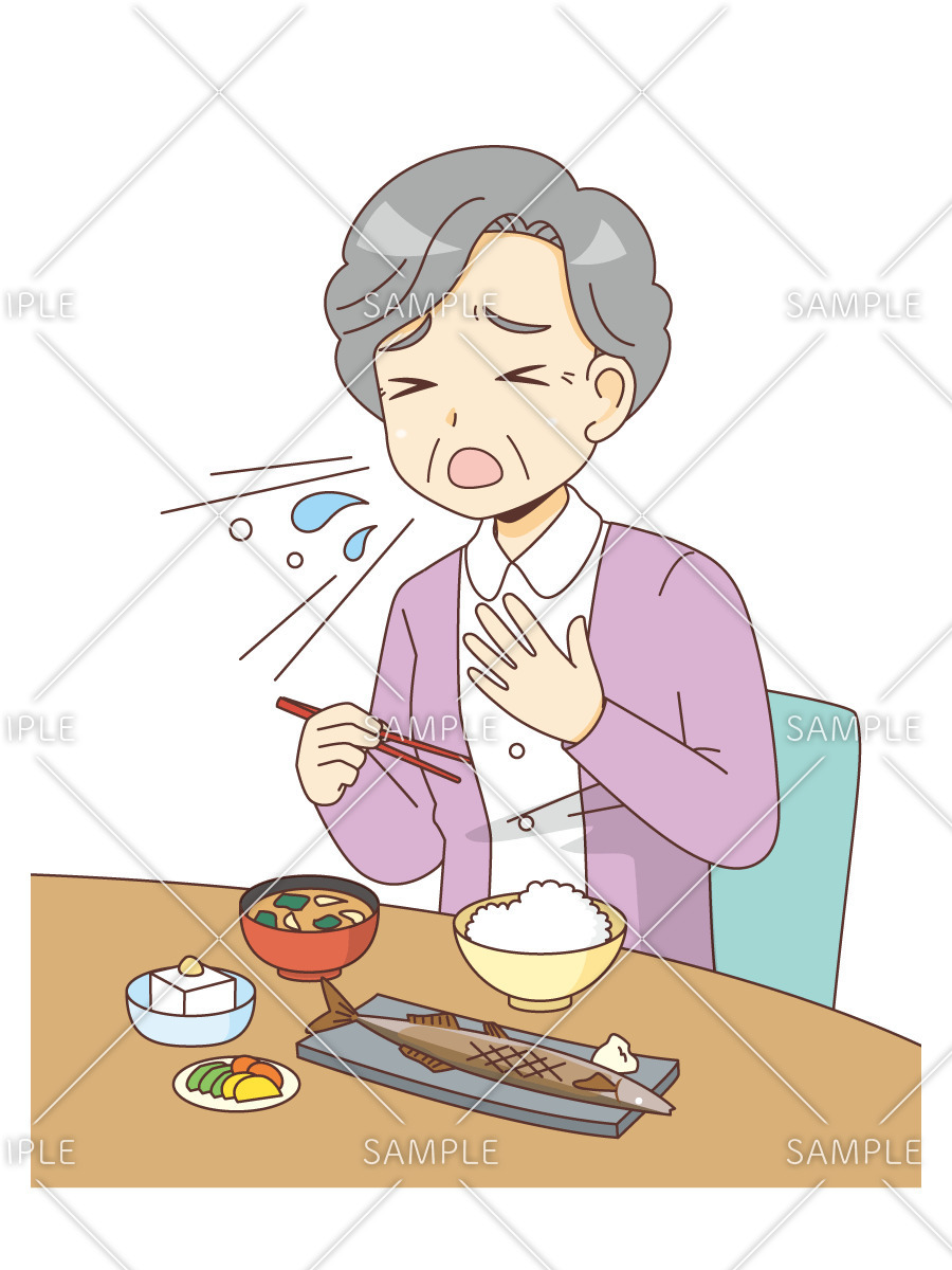 和食でむせる女性高齢者（その他高齢者の病気・怪我・事故/医療・病気）のイラスト