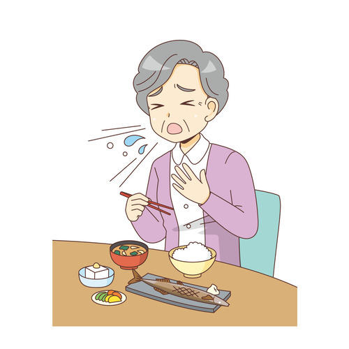 和食でむせる女性高齢者（その他高齢者の病気・怪我・事故/医療・病気）のイラスト