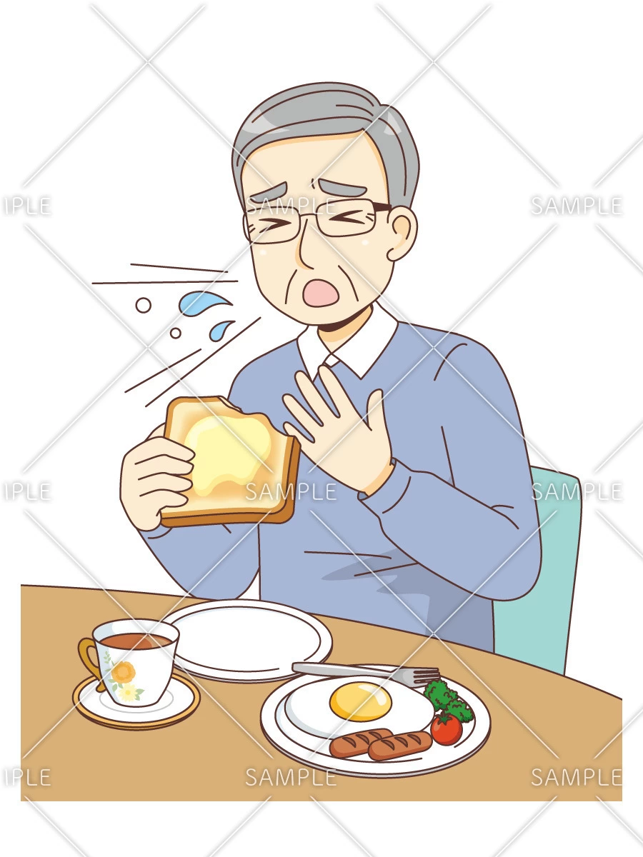パンでむせる男性高齢者（その他高齢者の病気・怪我・事故/医療・病気）のイラスト