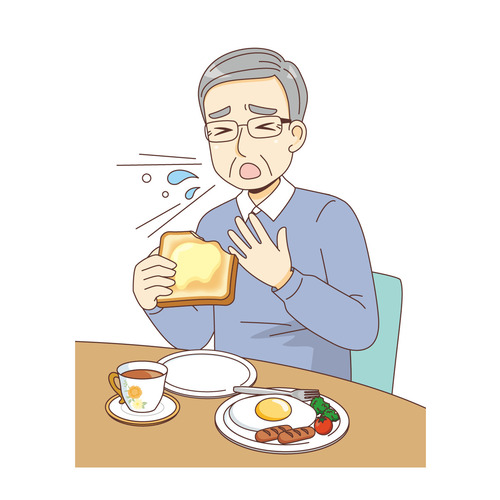 パンでむせる男性高齢者（その他高齢者の病気・怪我・事故/医療・病気）