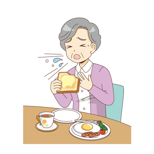 パンでむせる女性高齢者（その他高齢者の病気・怪我・事故/医療・病気）