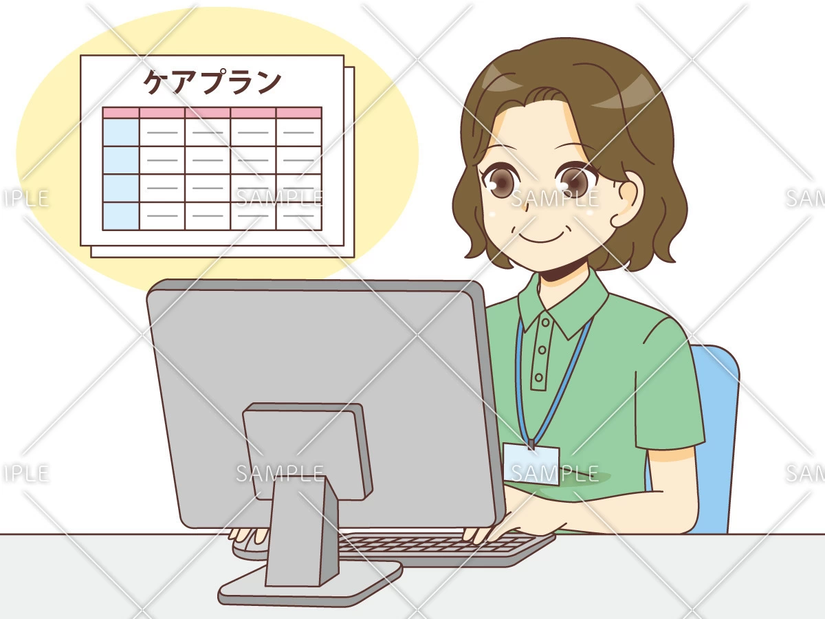 ケアプランを作成する女性ケアマネジャー（ケアマネジャー・社会福祉士/介護現場の人物）のイラスト
