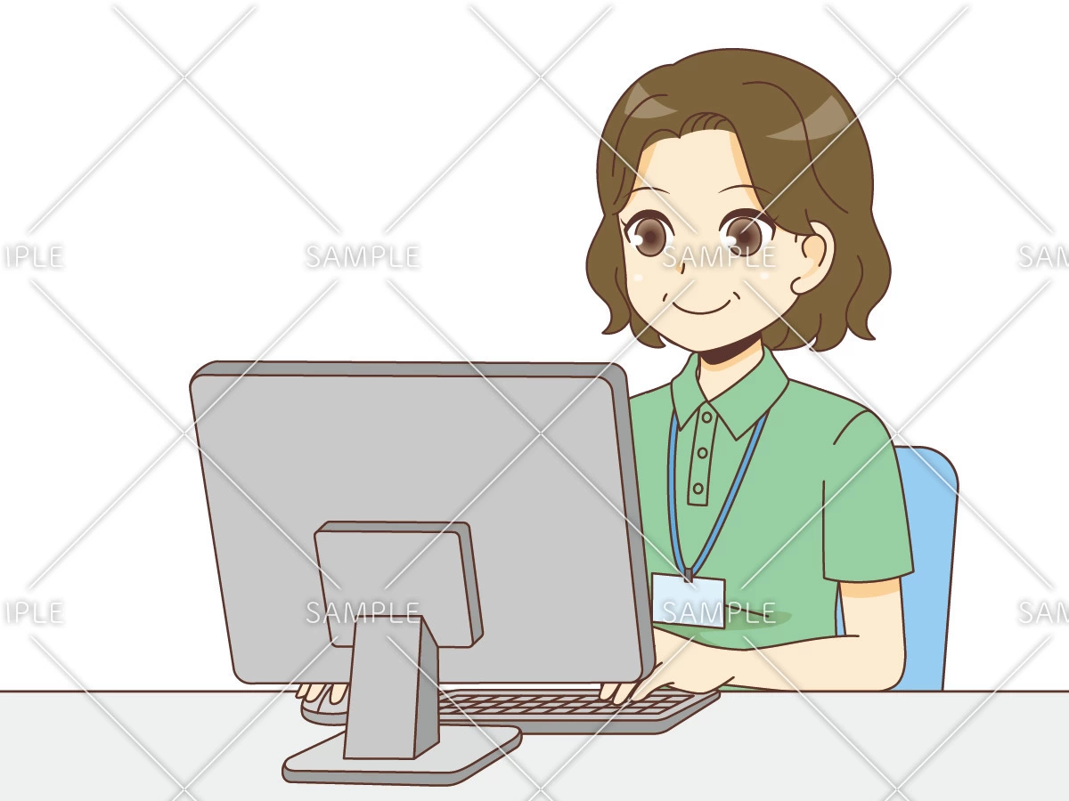 デスクワーク中の女性ケアマネジャー（ケアマネジャー・社会福祉士/介護現場の人物）のイラスト