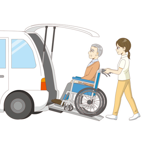車椅子（車いす）の男性高齢者を送迎する福祉車両（デイサービス・デイケア/施設・サービス）のイラスト